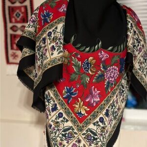 Floral Patterned Scarf with Red and Black Accents